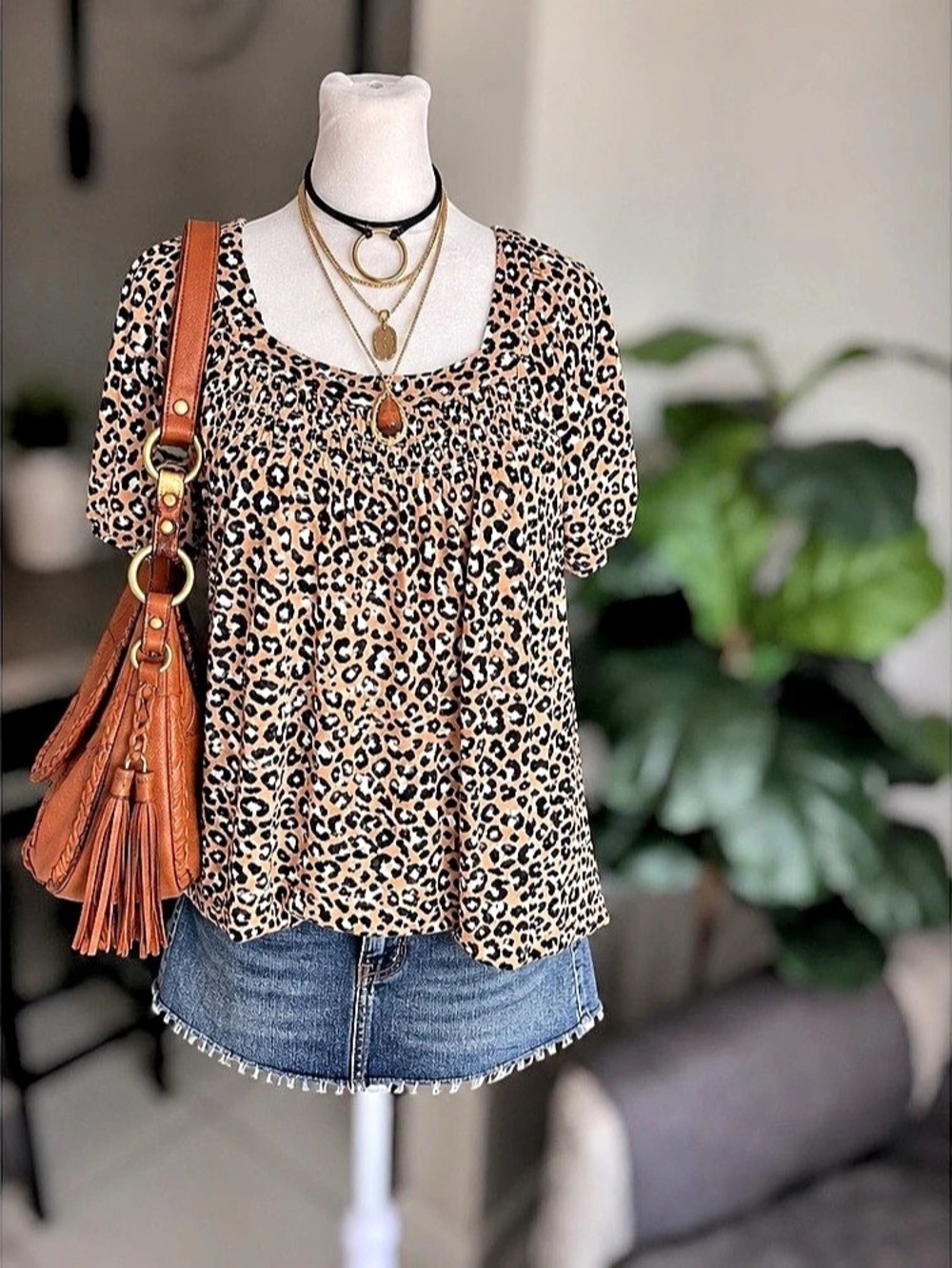 Style & Co Women’s XL Leopard Print Square Neck Peasant Top Stretch Blouse